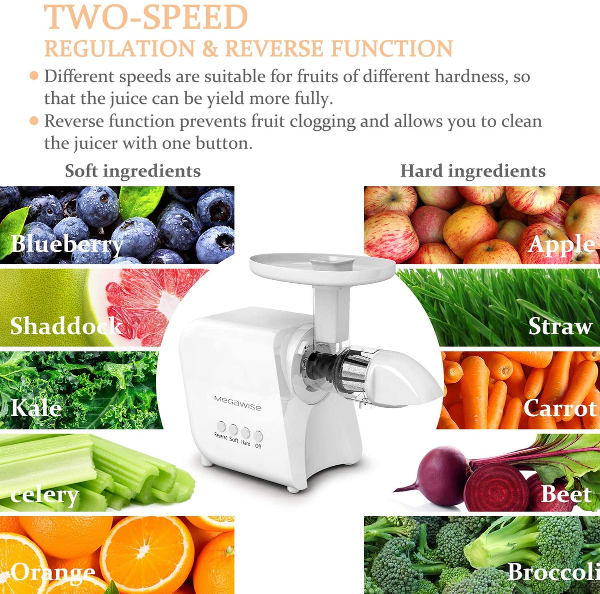MEGAWISE Slow Masticating Juicer 9 Segment Spiral 2 Speed Modes 50dB Q