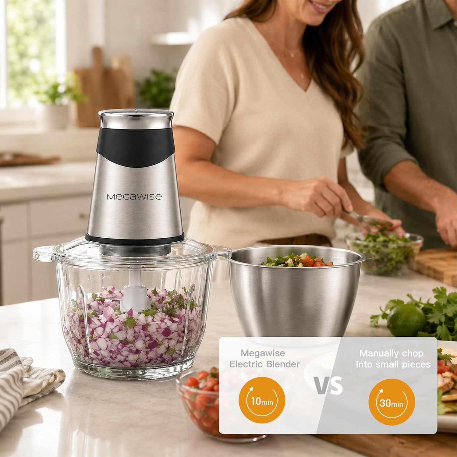MEGAWISE Electric Food Chopper, 2 Bowls 4‑Layer Blade for Kitchen Vegetable