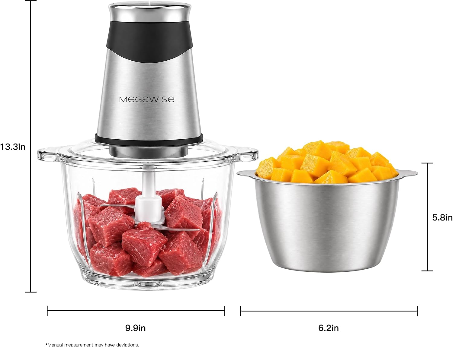 MEGAWISE Electric Food Chopper, 2 Bowls 4‑Layer Blade for Kitchen Vegetable