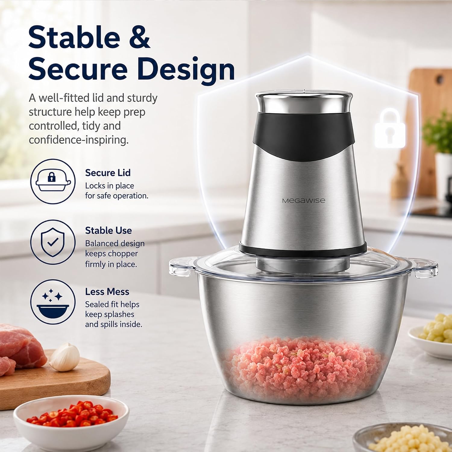 MEGAWISE Electric Food Chopper, 2 Bowls 4‑Layer Blade for Kitchen Vegetable