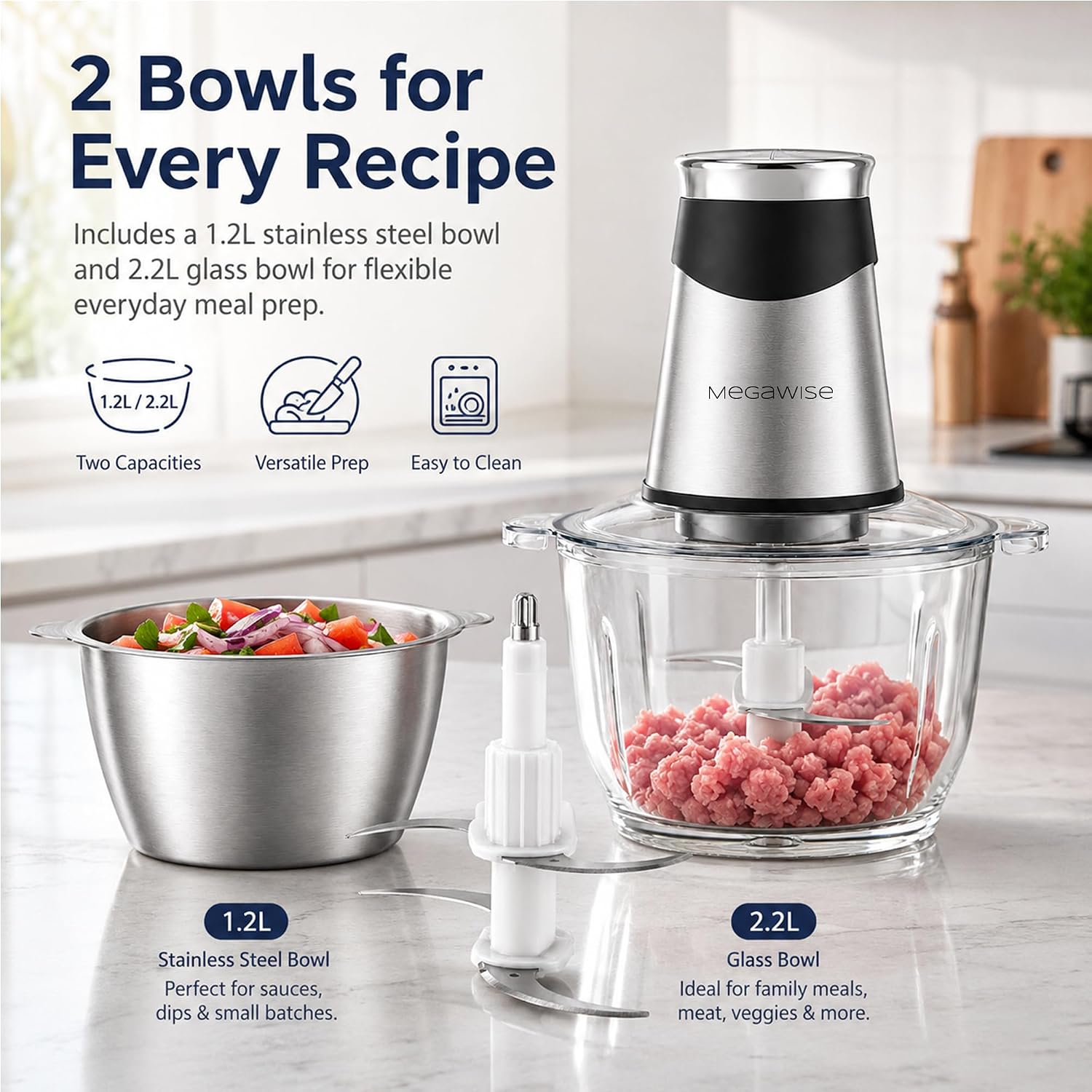 MEGAWISE Electric Food Chopper, 2 Bowls 4‑Layer Blade for Kitchen Vegetable