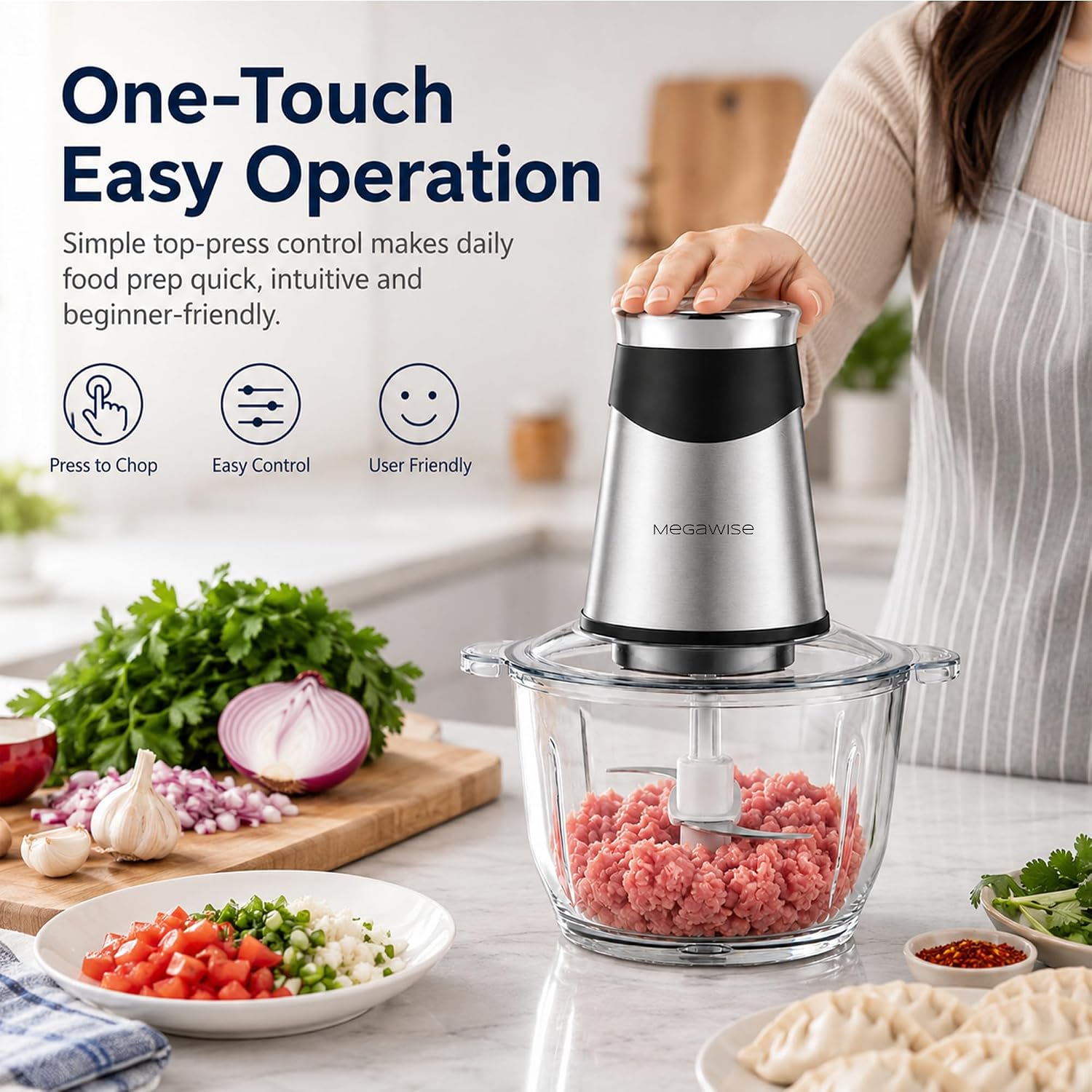 MEGAWISE Electric Food Chopper, 2 Bowls 4‑Layer Blade for Kitchen Vegetable