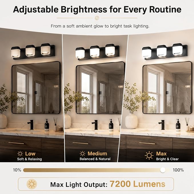 MEGAWISE 3-Light LED Vanity Light, 20 Inch Bathroom Mirror Light, Black