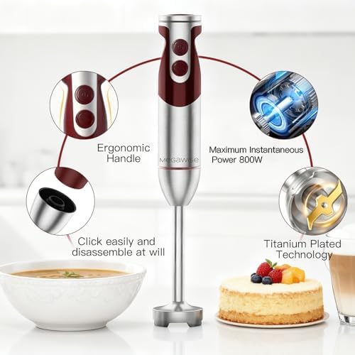 MegaWise Pro Titanium Reinforced 3-in-1 Immersion Corded Hand Blender, Powerful MOTOR with 80% Sharper Blades, 12-Speed Corded Blender, IncludingWhisk and Milk Frother (3-in 1 Red)