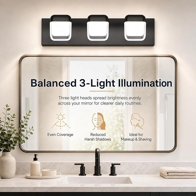 MEGAWISE 3-Light LED Vanity Light, 20 Inch Bathroom Mirror Light, Black