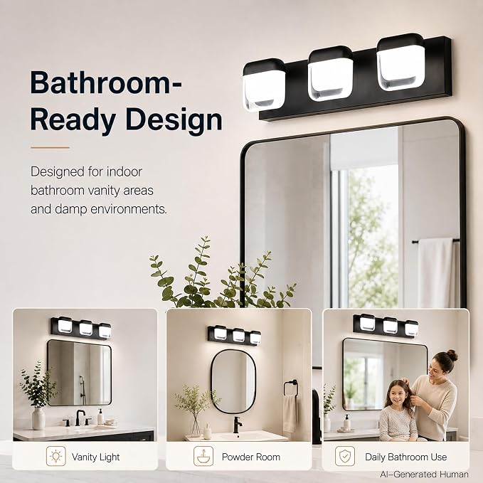 MEGAWISE 3-Light LED Vanity Light, 20 Inch Bathroom Mirror Light, Black