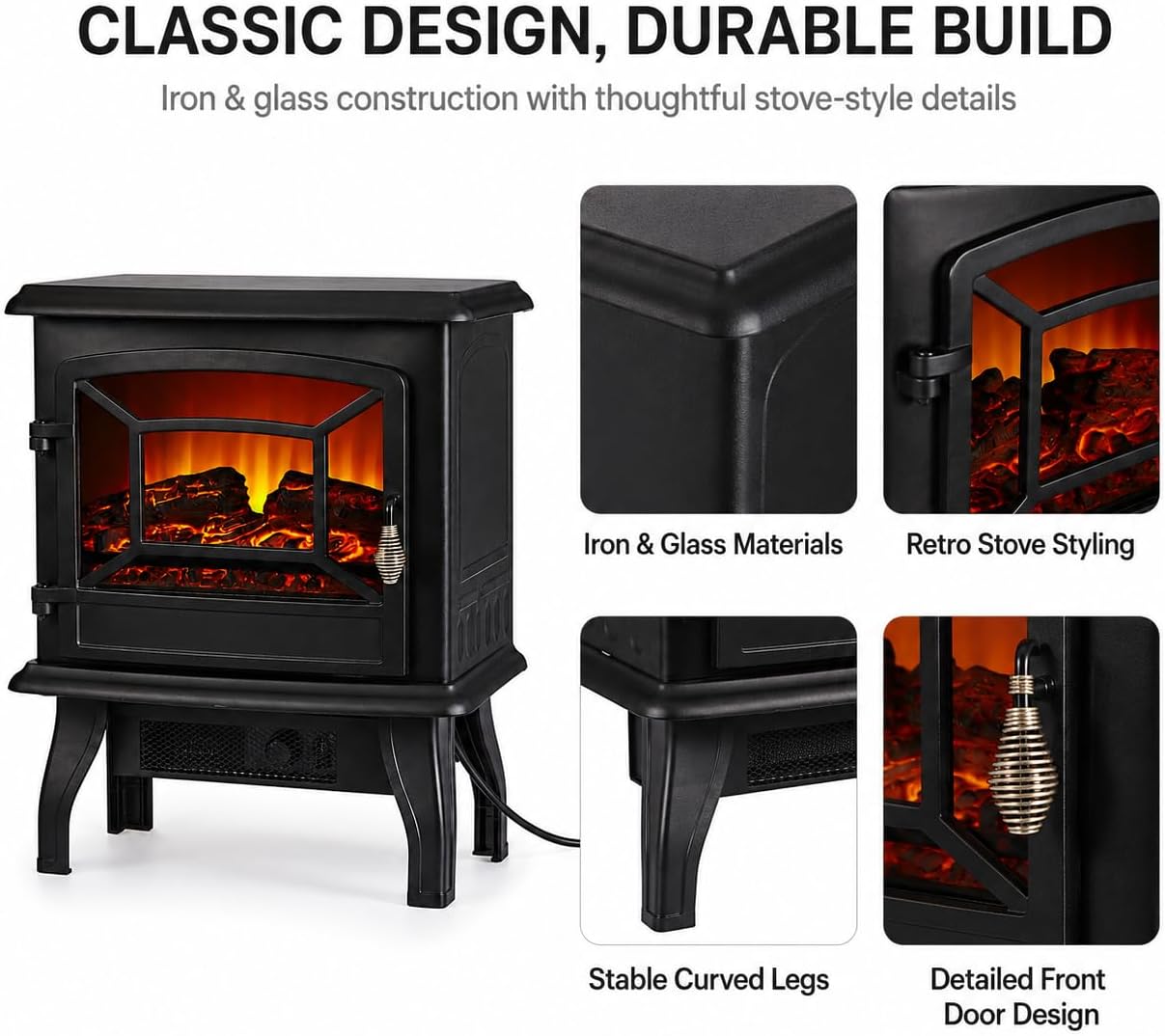 MEGAWISE Freestanding Electric Fireplace Stove Heater, 3D Realistic Flame Effect Space Heater with Overheat Safety Protection, for Indoor Home Bedroom Office Living Room, Black