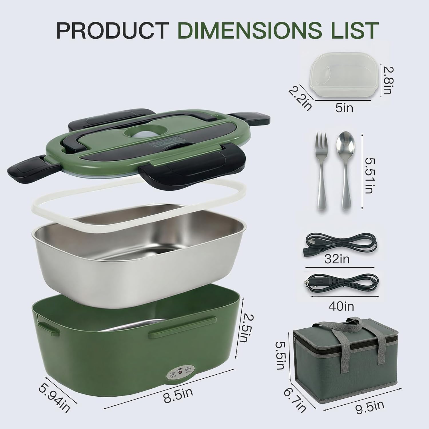 MEGAWISE 1.5L Electric Heated Lunch Box, Stainless Steel 3-in-1 Food Warmer for Adults, Portable Office, Car & Truck Lunch Container, Includes Utensils & Carry Bag (Army Green)