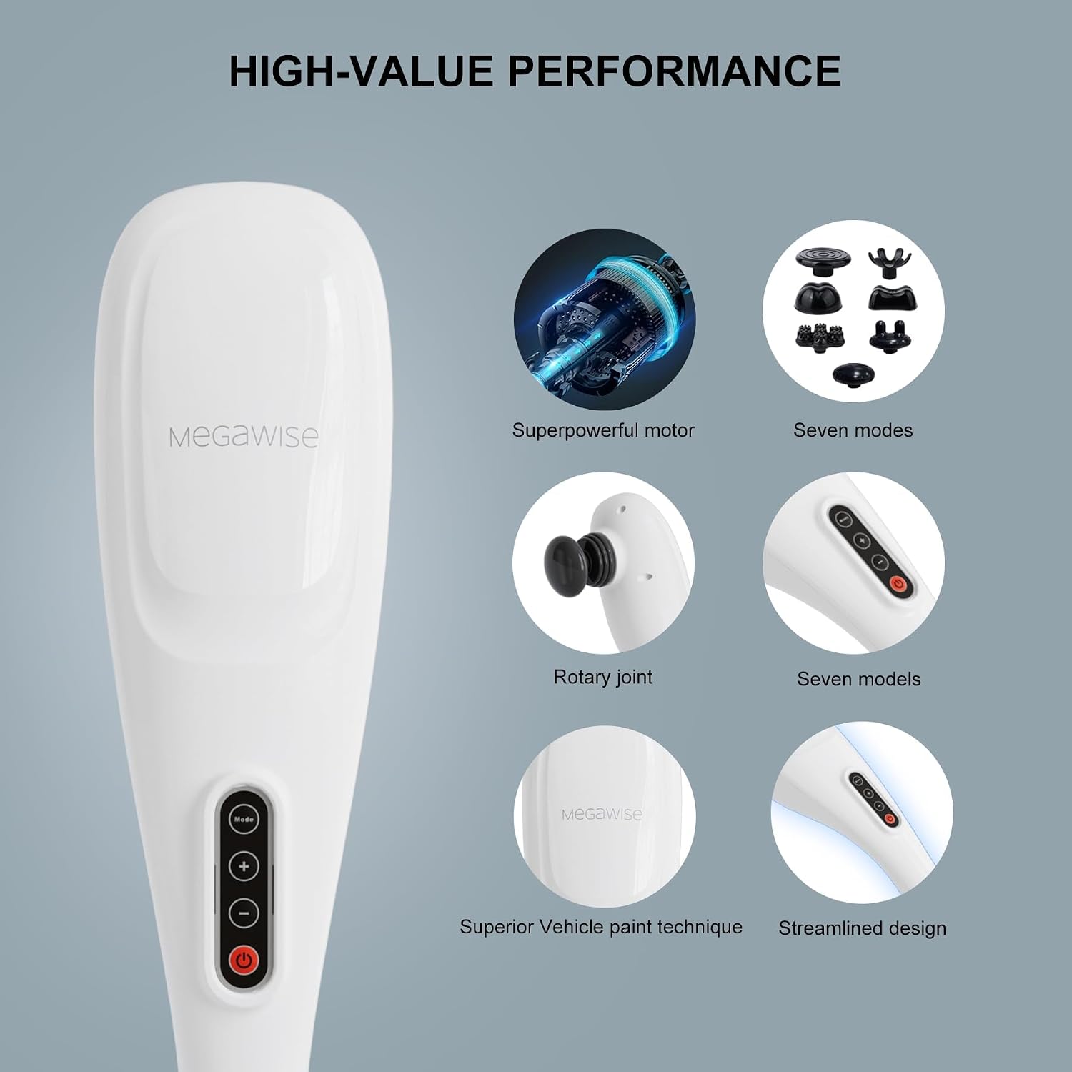 MEGAWISE Handheld Deep Tissue Massager Percussion Therapy for Back, Neck, Shoulders, Legs & Full Body,5 Speed & Mode Options, Corded 6ft, Ergonomic Grip, Multi-Node Massage (Pearl White)