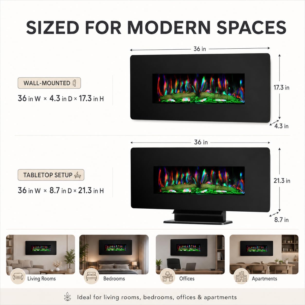 MEGAWISE 36-Inch Electric Fireplace Heater, Wall Mounted or Freestanding