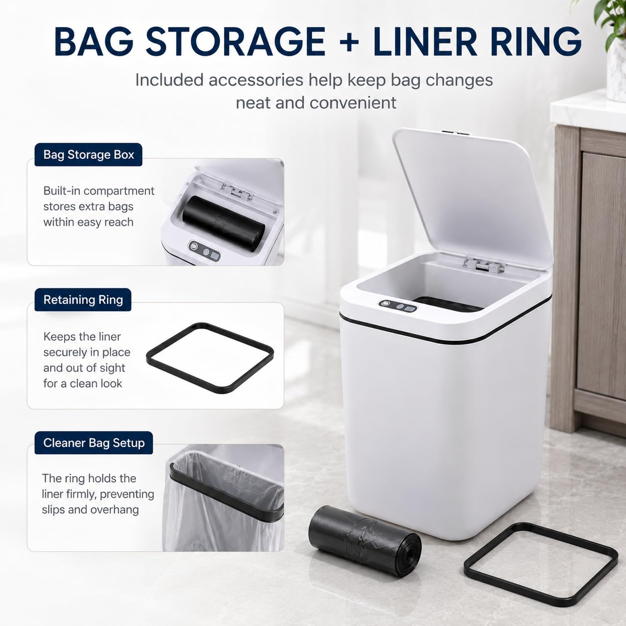 MEGAWISE 4 Gallon Smart Trash Can, Touchless Motion Sensor Garbage Can with Lid, Automatic Battery Powered Waste Bin, Slim Bathroom Trash Can for Bedroom, Office & Kitchen, Black