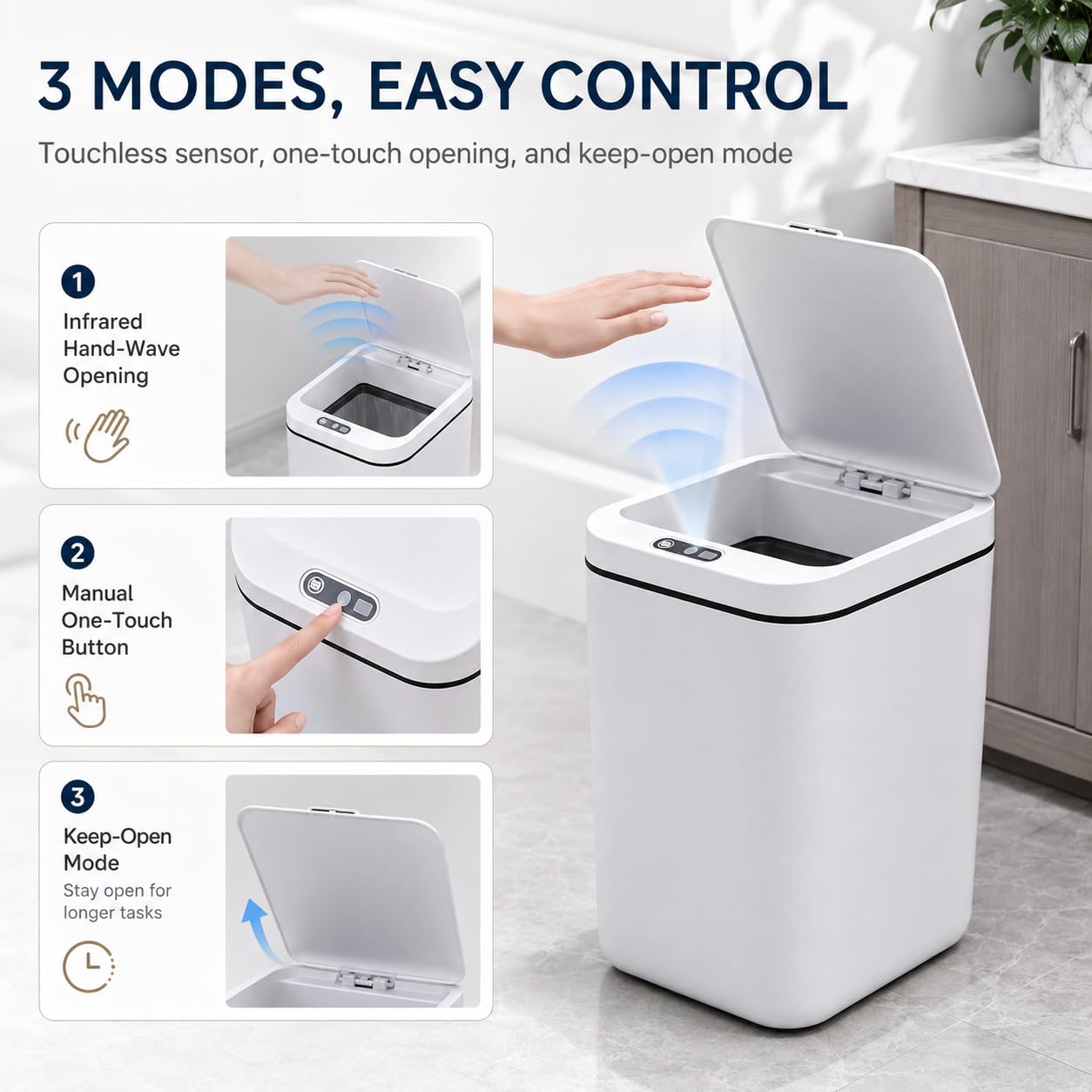 MEGAWISE 4 Gallon Smart Trash Can, Touchless Motion Sensor Garbage Can with Lid, Automatic Battery Powered Waste Bin, Slim Bathroom Trash Can for Bedroom, Office & Kitchen, Black