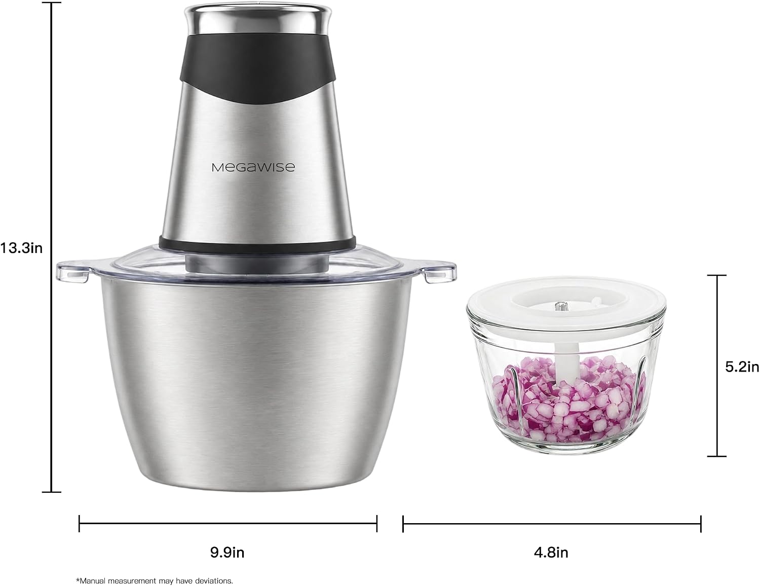 MEGAWISE Food Processor, 800W Electric Meat Grinder with 0.6L Glass Bowl & 1.2L Stainless Steel Bowl, Dual Speed Modes and Bi-Level BladesBlades for Meat, Vegetables, Nuts, Fruits, and Baby Food