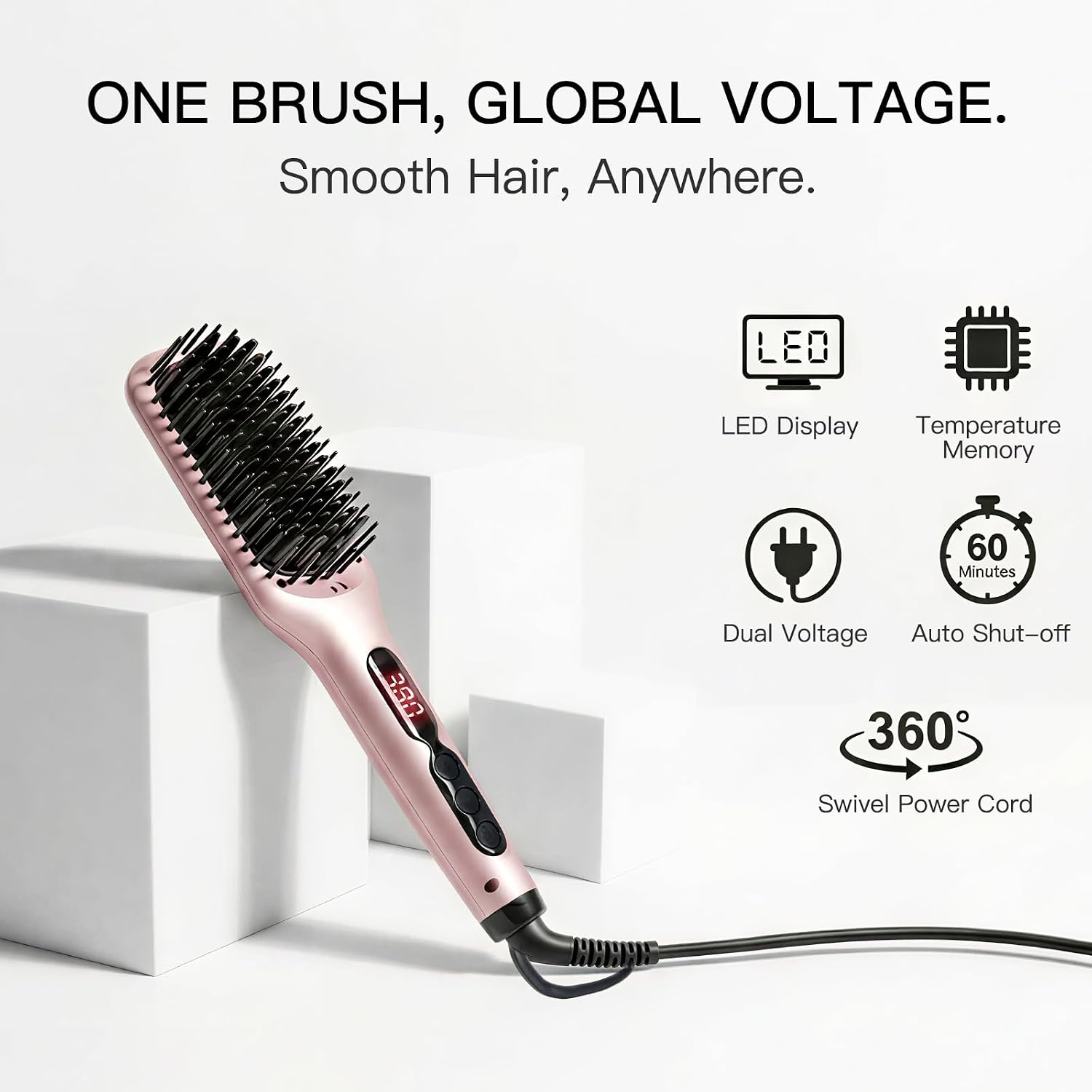 MEGAWISE Hair Straightener Brush, Ionic Ceramic Heated Hair Brush, Anti-Scald Hot Brush with Auto Shutoff, Dual Voltage, 360° Swivel Cord, for Frizzy Thick Medium Long Hair(Pink Gold)