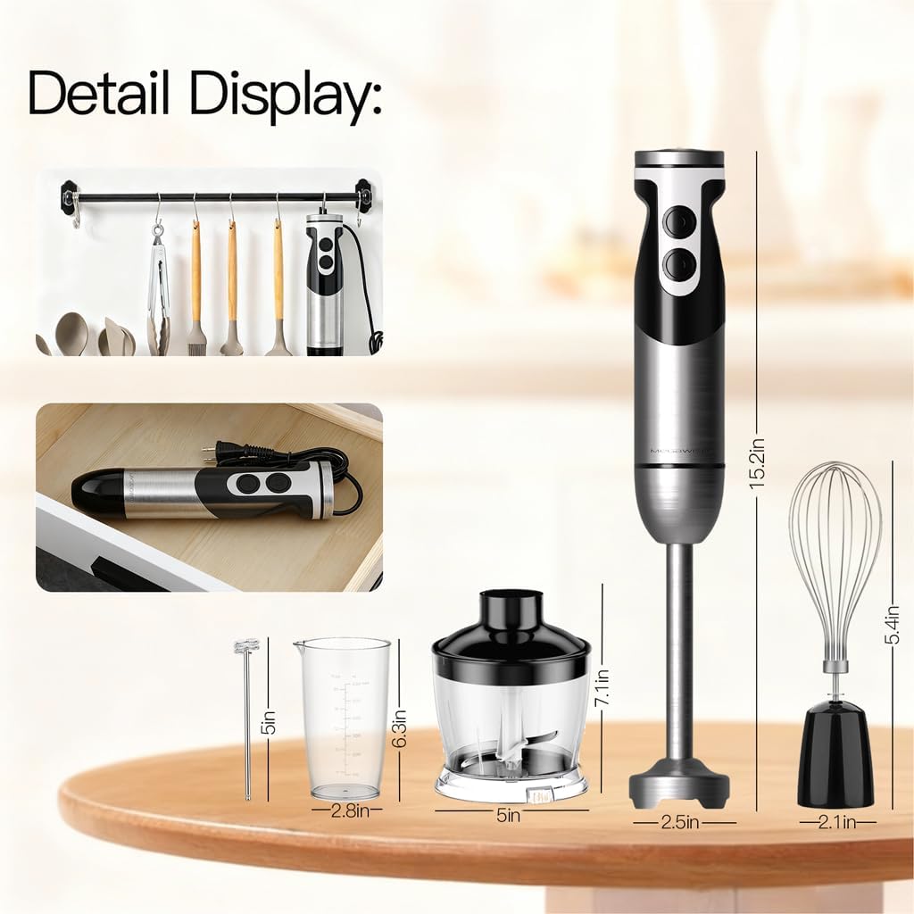 MEGAWISE Hand Blender, 5-in-1 Immersion Blender, 400W, Chopper, Whisk