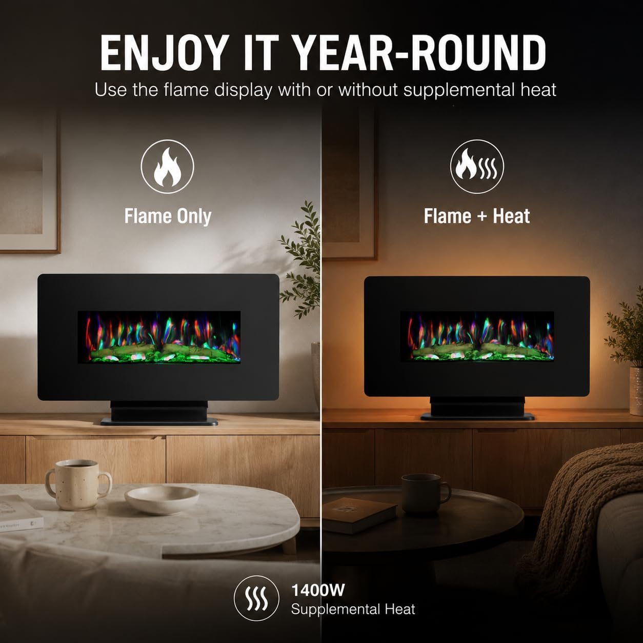 MEGAWISE 36-Inch Electric Fireplace Heater, Wall Mounted or Freestanding