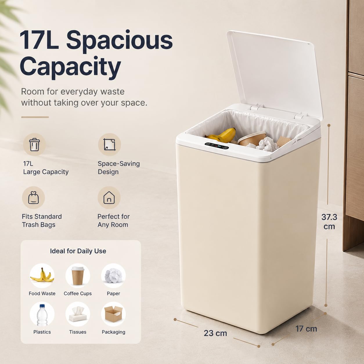 MEGAWISE 17L Touchless Trash Can, Battery Powered Waste Bin for Home
