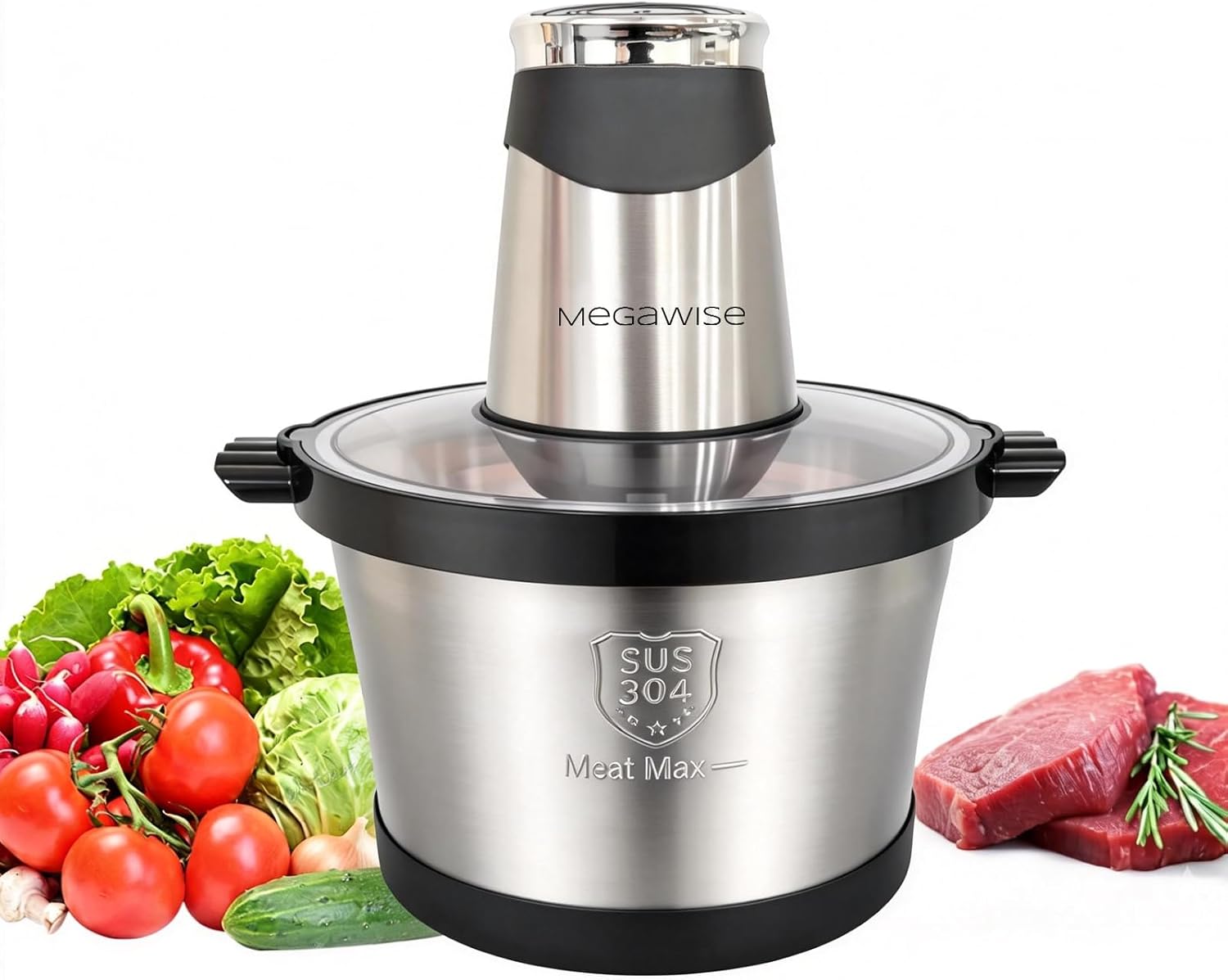 MEGAWISE 500W Electric Food Chopper & Meat Grinder, Stainless Steel Blades, Large Capacity Mincer for Meat, Vegetables & Nuts (5L Stainless Steel Bowls)