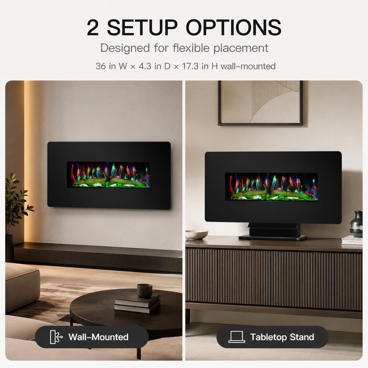 MEGAWISE 36-Inch Electric Fireplace Heater, Wall Mounted or Freestanding