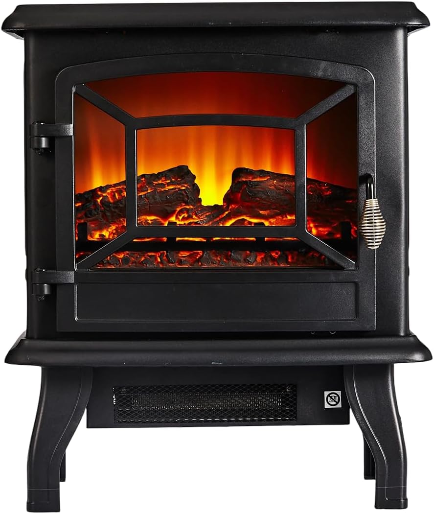 MEGAWISE Freestanding Electric Fireplace Stove Heater, 3D Realistic Flame Effect Space Heater with Overheat Safety Protection, for Indoor Home Bedroom Office Living Room, Black