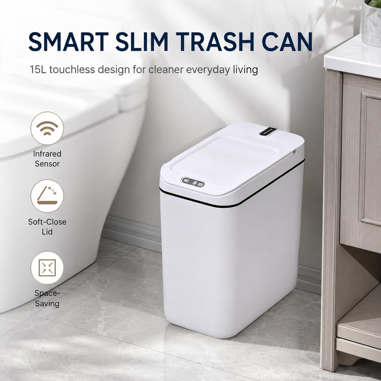 MEGAWISE 4 Gallon Smart Trash Can, Touchless Motion Sensor Garbage Can with Lid, Automatic Battery Powered Waste Bin, Slim Bathroom Trash Can for Bedroom, Office & Kitchen, Black