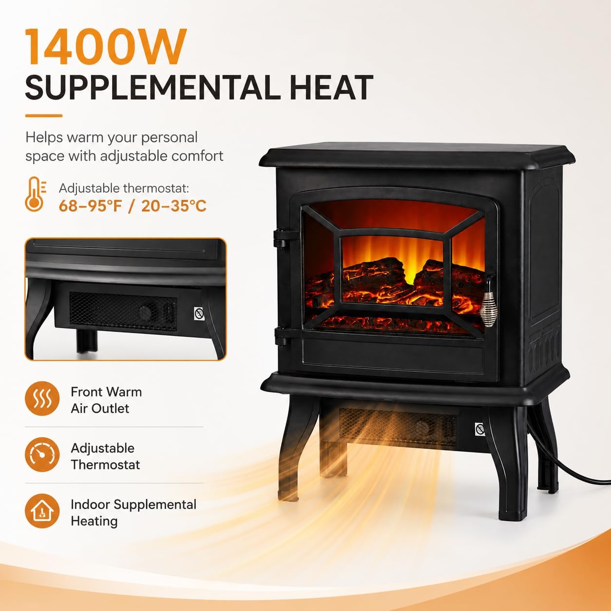 MEGAWISE Freestanding Electric Fireplace Stove Heater, 3D Realistic Flame Effect Space Heater with Overheat Safety Protection, for Indoor Home Bedroom Office Living Room, Black