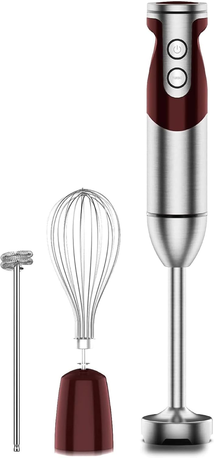 MEGAWISE Immersion Hand Blender 3-in-1, 12-Speed Stick Blender with Turbo, Egg Whisk & Milk Frother for Soups, Sauces, Smoothies and Baby Food, Red