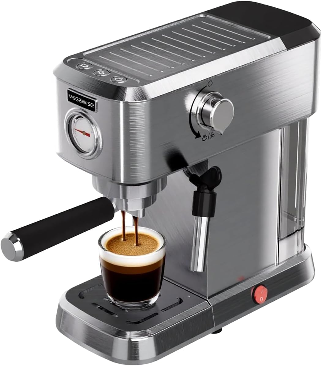 MEGAWISE 20 Bar Espresso Machine with Milk Frother | Compact Stainless Steel Coffee Maker with Steam Wand & Removable Water Tank | Cappuccino & Latte Maker for Home (Silver)