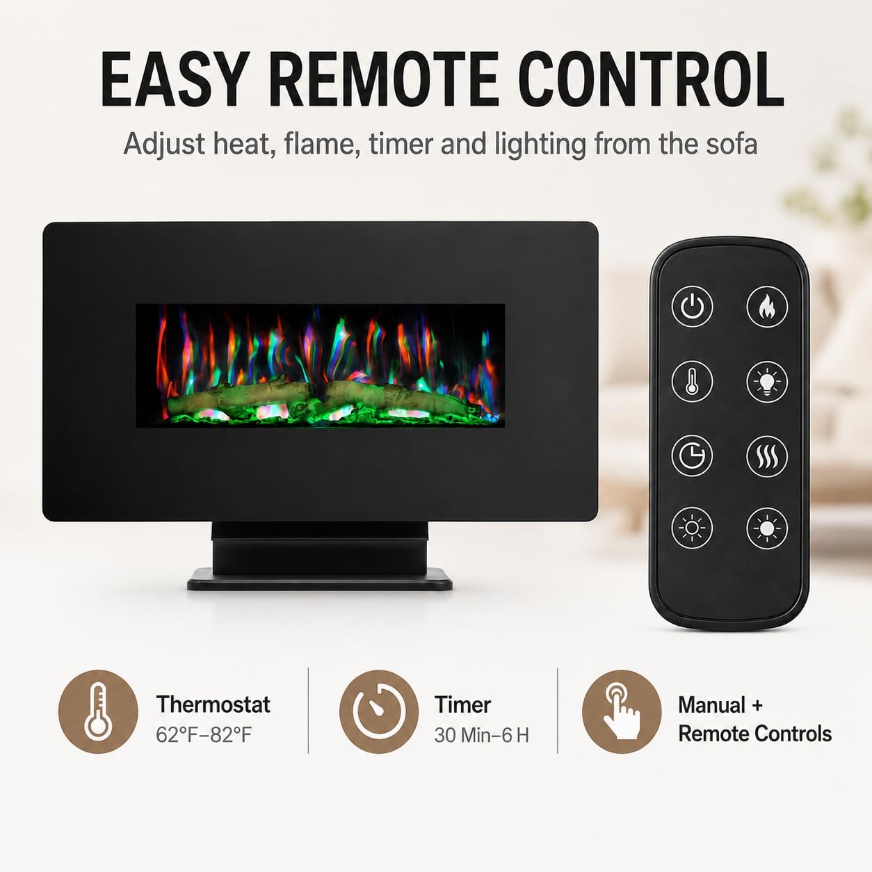 MEGAWISE 36-Inch Electric Fireplace Heater, Wall Mounted or Freestanding