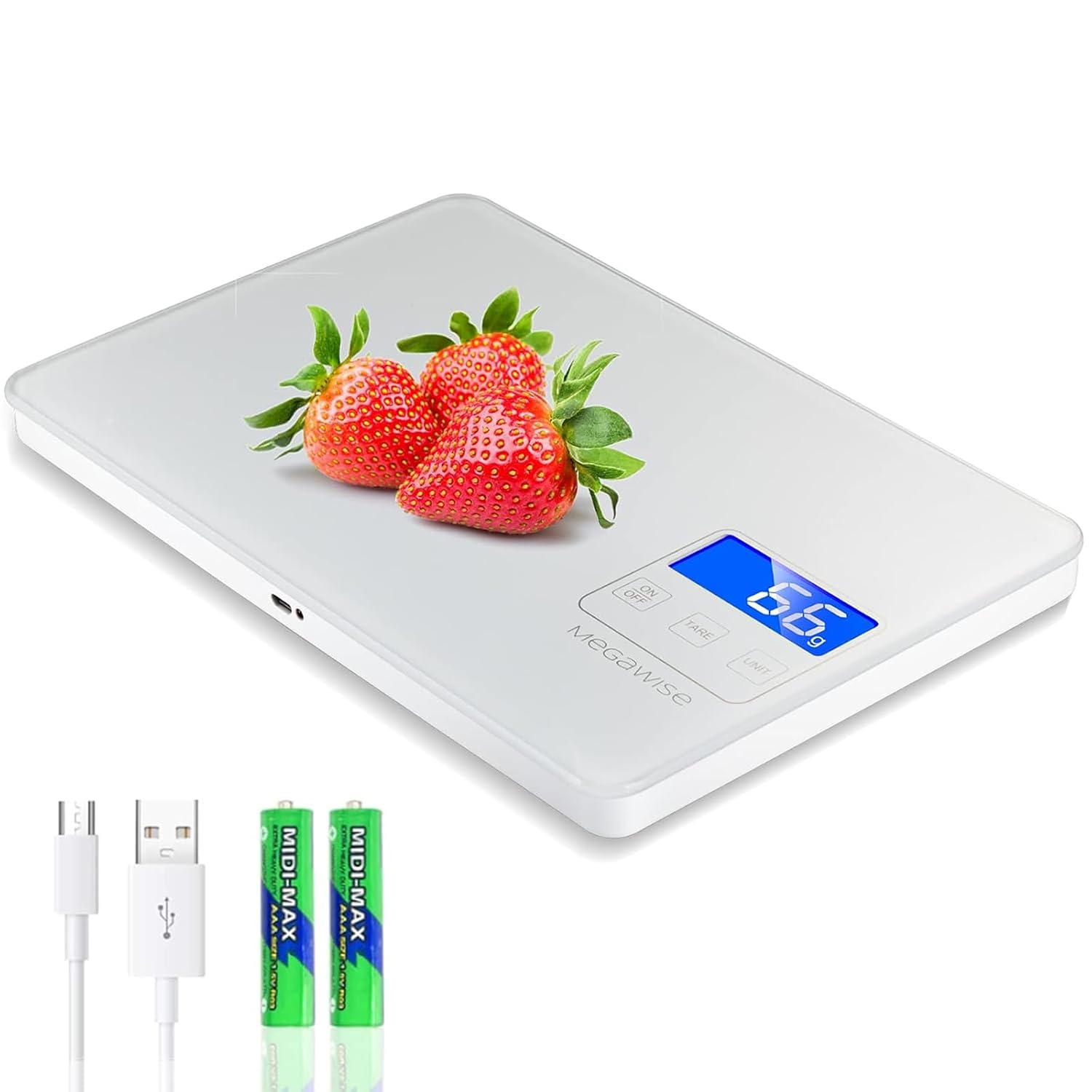 MEGAWISE Digital Kitchen Scale, 33 lb, Rechargeable, 1 g/0.04 oz, White