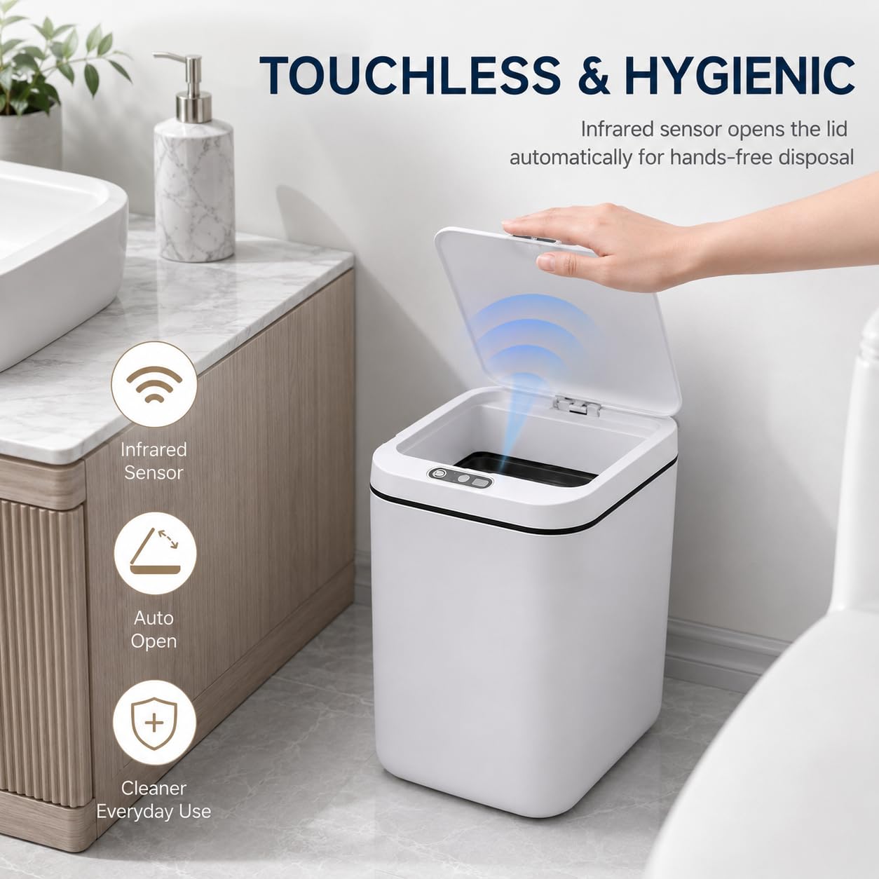 MEGAWISE 4 Gallon Smart Trash Can, Touchless Motion Sensor Garbage Can with Lid, Automatic Battery Powered Waste Bin, Slim Bathroom Trash Can for Bedroom, Office & Kitchen, Black