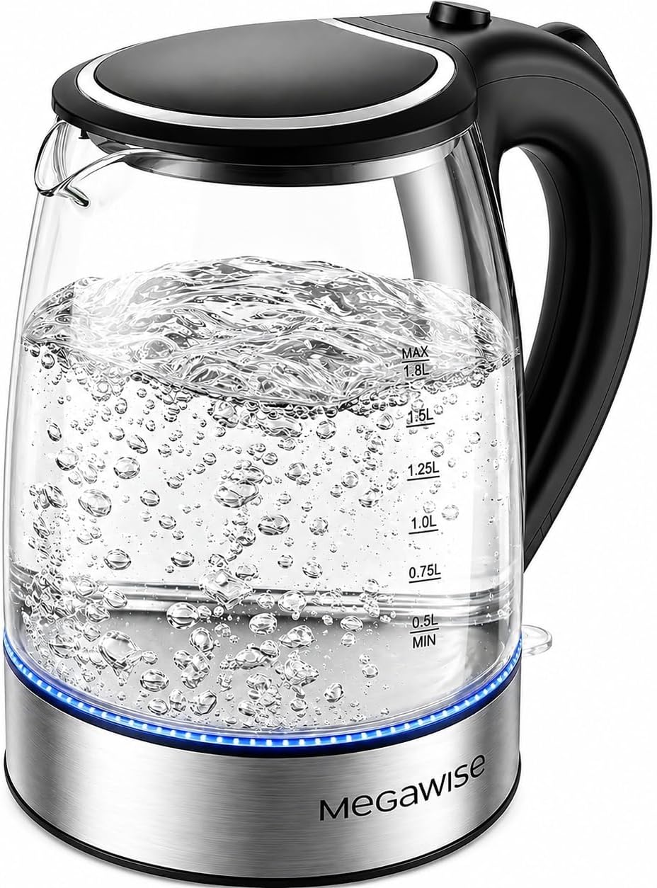 MEGAWISE 1.8L Glass Electric Kettle, Auto Shut-Off, Boil-Dry Protection