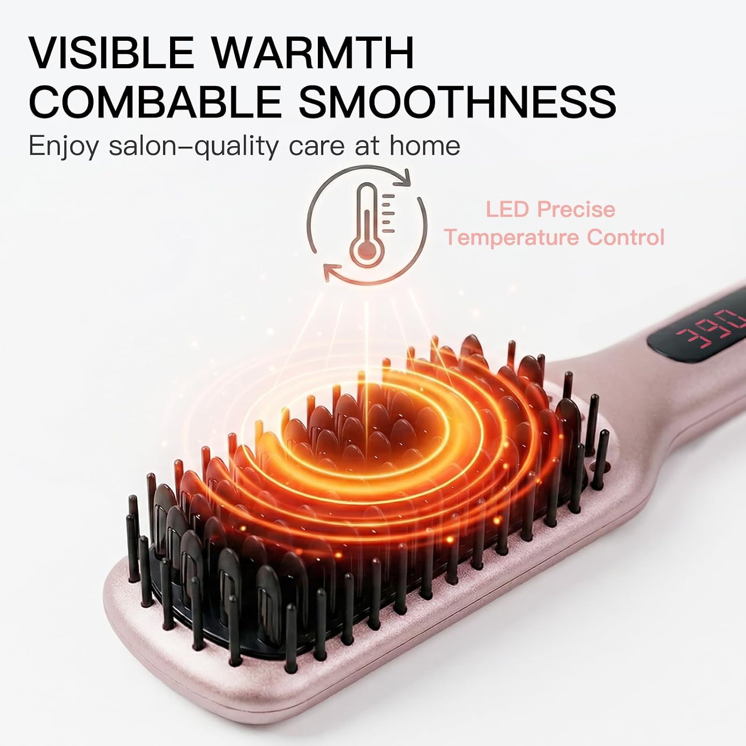 MEGAWISE Hair Straightener Brush, Ionic Ceramic Heated Hair Brush, Anti-Scald Hot Brush with Auto Shutoff, Dual Voltage, 360° Swivel Cord, for Frizzy Thick Medium Long Hair(Pink Gold)