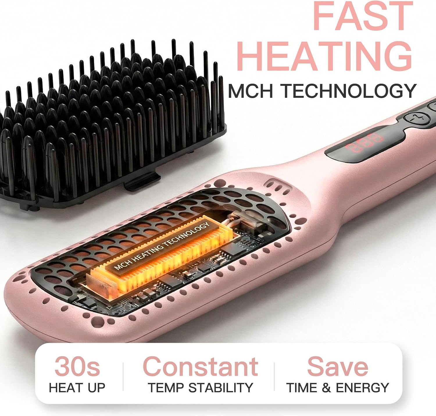 MEGAWISE Hair Straightener Brush, Ionic Ceramic Heated Hair Brush, Anti-Scald Hot Brush with Auto Shutoff, Dual Voltage, 360° Swivel Cord, for Frizzy Thick Medium Long Hair(Pink Gold)