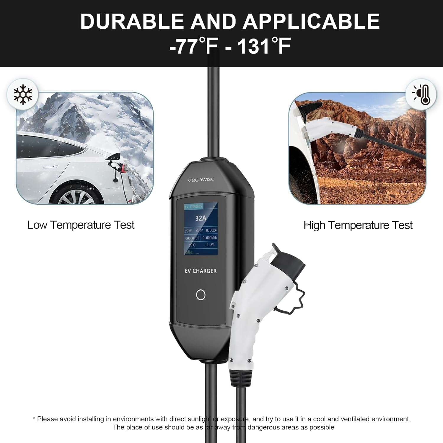 MEGAWISE Portable EV Charger, 32A Level 2 Electric Vehicle Charger with NEMA 14-50 Plug, 100-240V, IP65 Waterproof, Fast Indoor & Outdoor Charging
