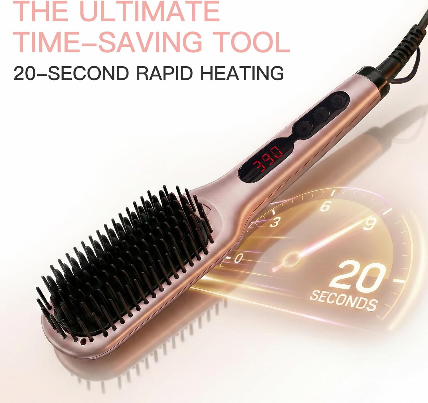 MEGAWISE Hair Straightener Brush, Ionic Ceramic Heated Hair Brush, Anti-Scald Hot Brush with Auto Shutoff, Dual Voltage, 360° Swivel Cord, for Frizzy Thick Medium Long Hair(Pink Gold)