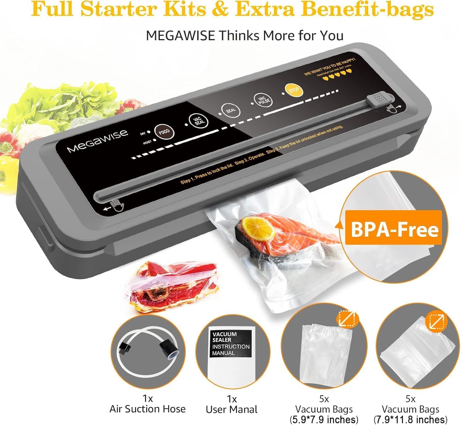 MEGAWISE 80kPa Vacuum Sealer, One-Touch Automatic Food Saver with Dry Moist Fresh Modes, Portable Vacuum Sealing Machine with 10 Vacuum Bags & Cutter