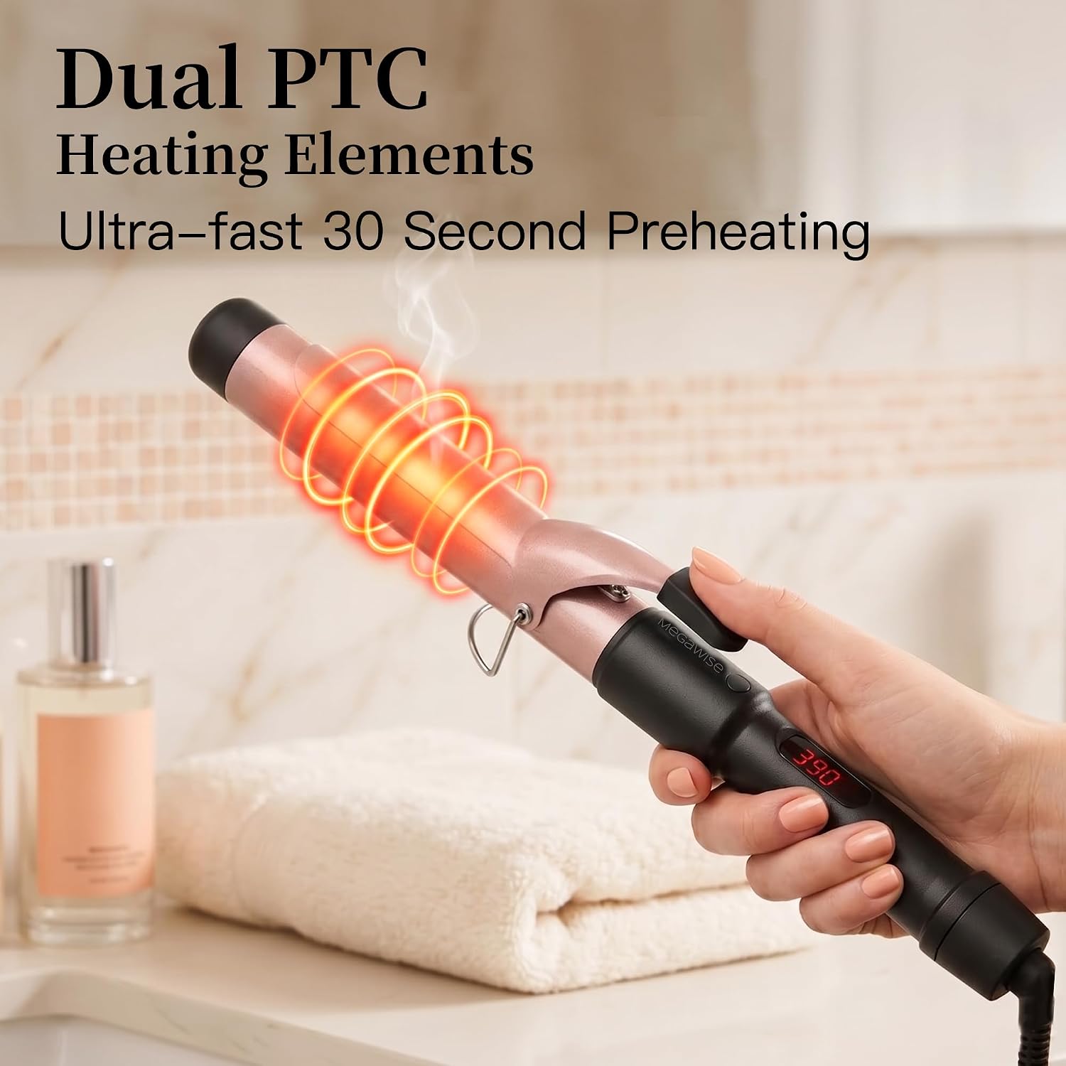 MEGAWISE Pro 1.25 Inch Ceramic Barrel Hair Curling Iron with 60s PTC Fast Heating, Anti-Scald Grip & Tip, Auto Shut Off, 360° Swivel Cord, 2 Clips & Heat-Resistant Glove Included