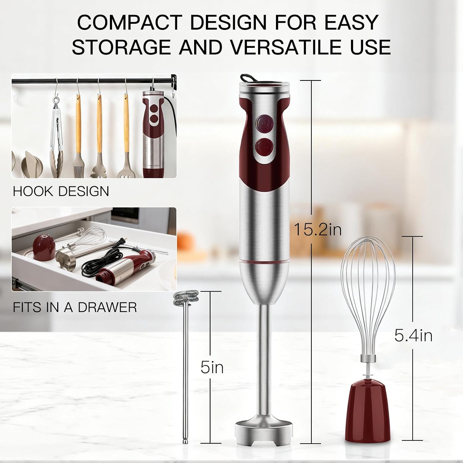 MEGAWISE Immersion Hand Blender 3-in-1, 12-Speed Stick Blender with Turbo, Egg Whisk & Milk Frother for Soups, Sauces, Smoothies and Baby Food, Red