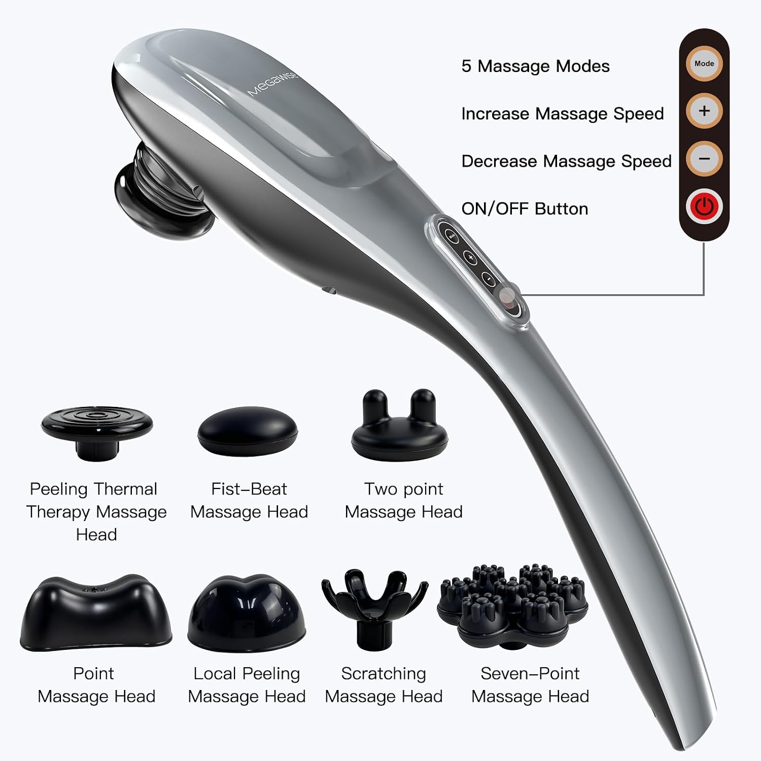 MEGAWISE Cordless Back Massager for Shoulders, Waist, Legs, Rechargeable 3200mAh Battery, 5 Speed and 5 +2 Massage Nodes 5 Hard, 2 Soilicone Nodes, Massage While Moving Around