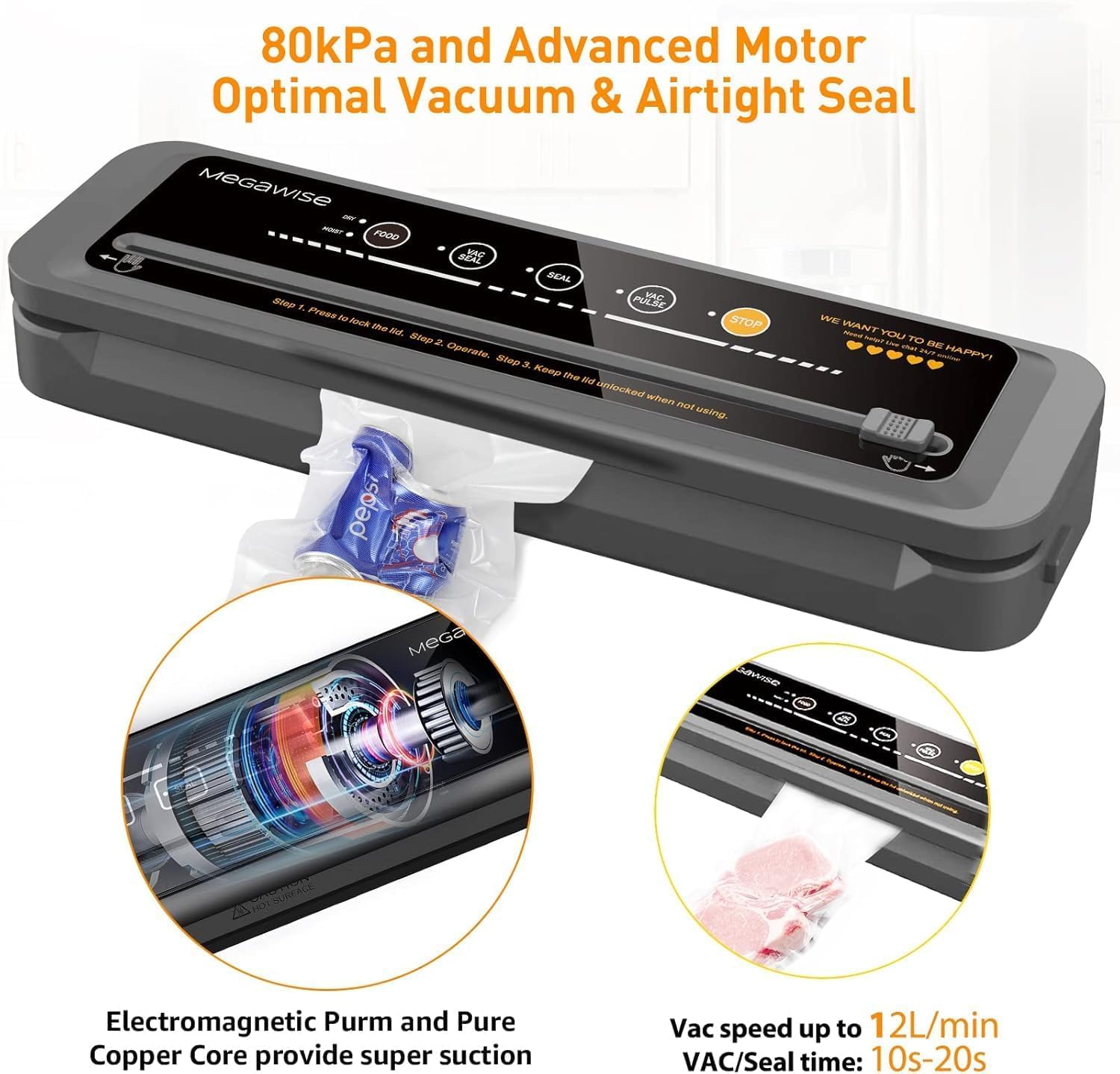 MEGAWISE 80kPa Vacuum Sealer, One-Touch Automatic Food Saver with Dry Moist Fresh Modes, Portable Vacuum Sealing Machine with 10 Vacuum Bags & Cutter