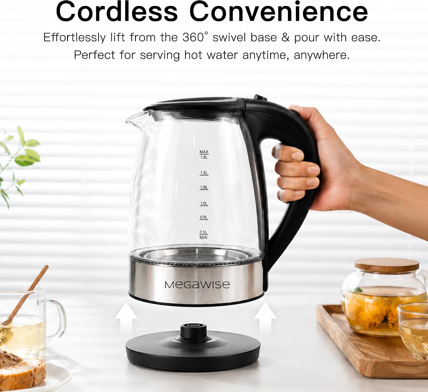MEGAWISE 1.8L Glass Electric Kettle, Auto Shut-Off, Boil-Dry Protection