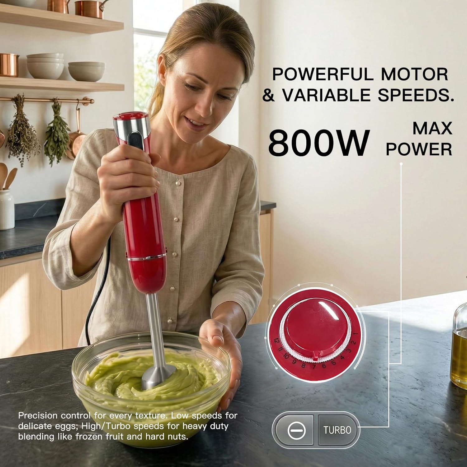 MEGAWISE Immersion Hand Blender, 800W 5-in-1 Stick Blender (Red)