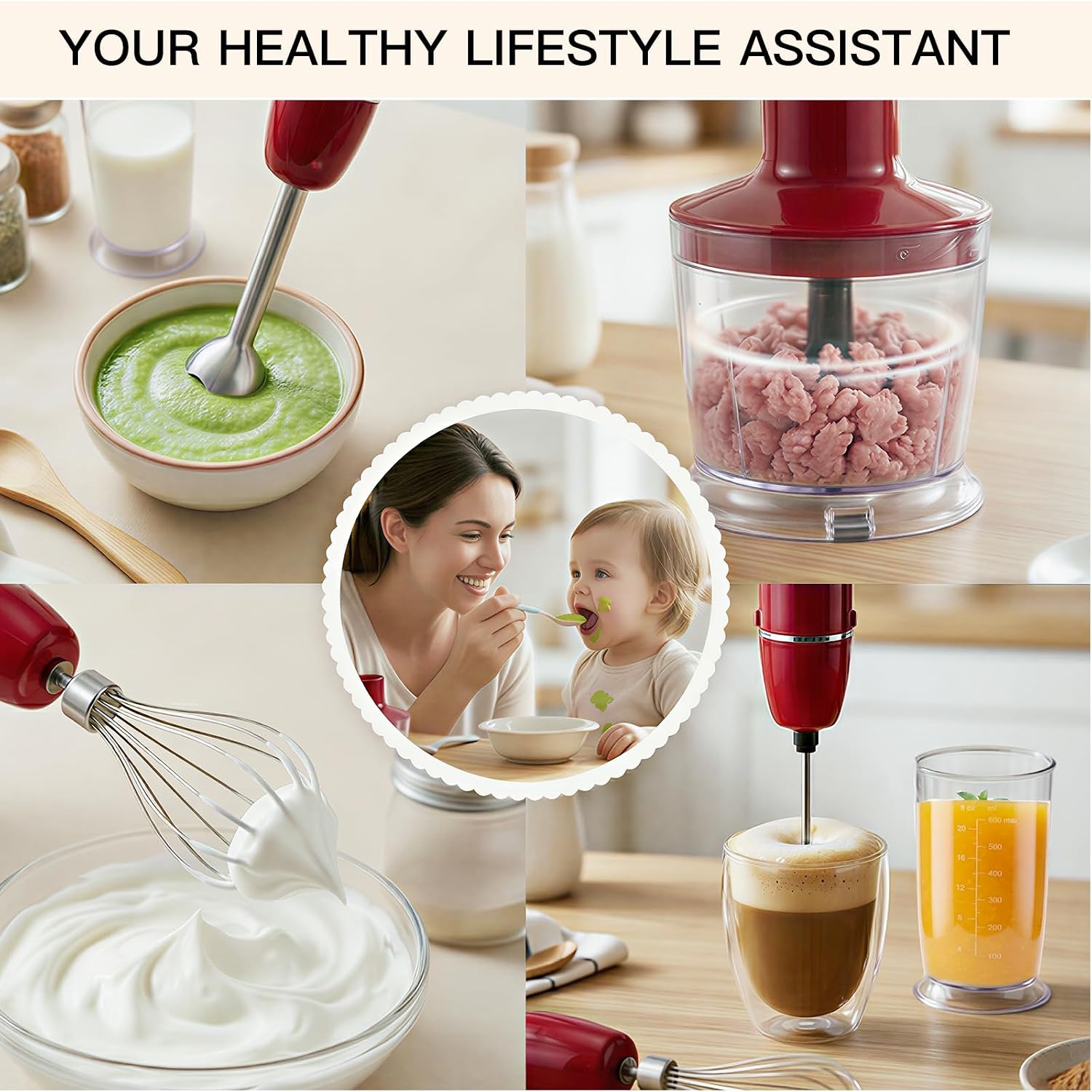 MEGAWISE Immersion Hand Blender, 800W 5-in-1 Stick Blender (Red)