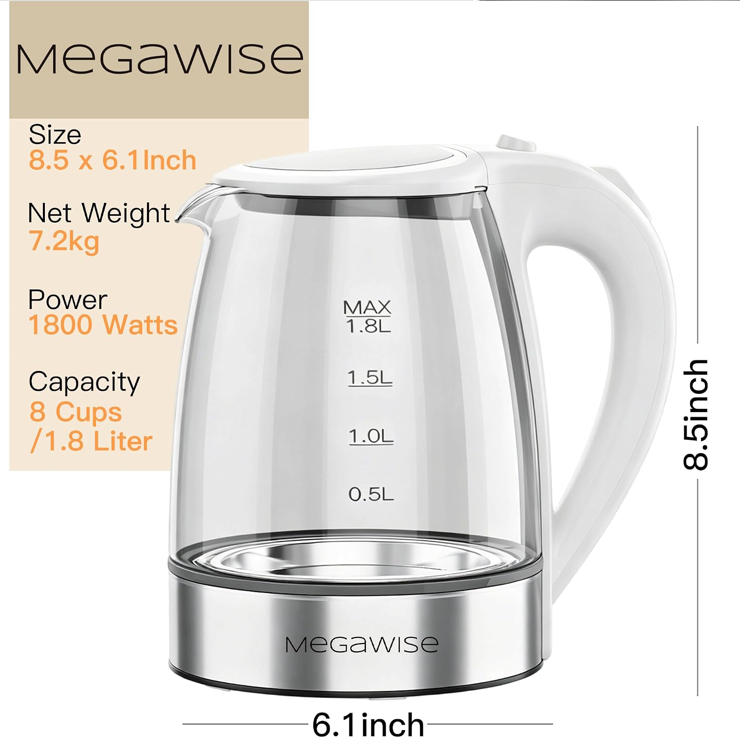 MEGAWISE Electric Kettle,1.8L Stainless Steel Water Boiler for Tea & Coffee
