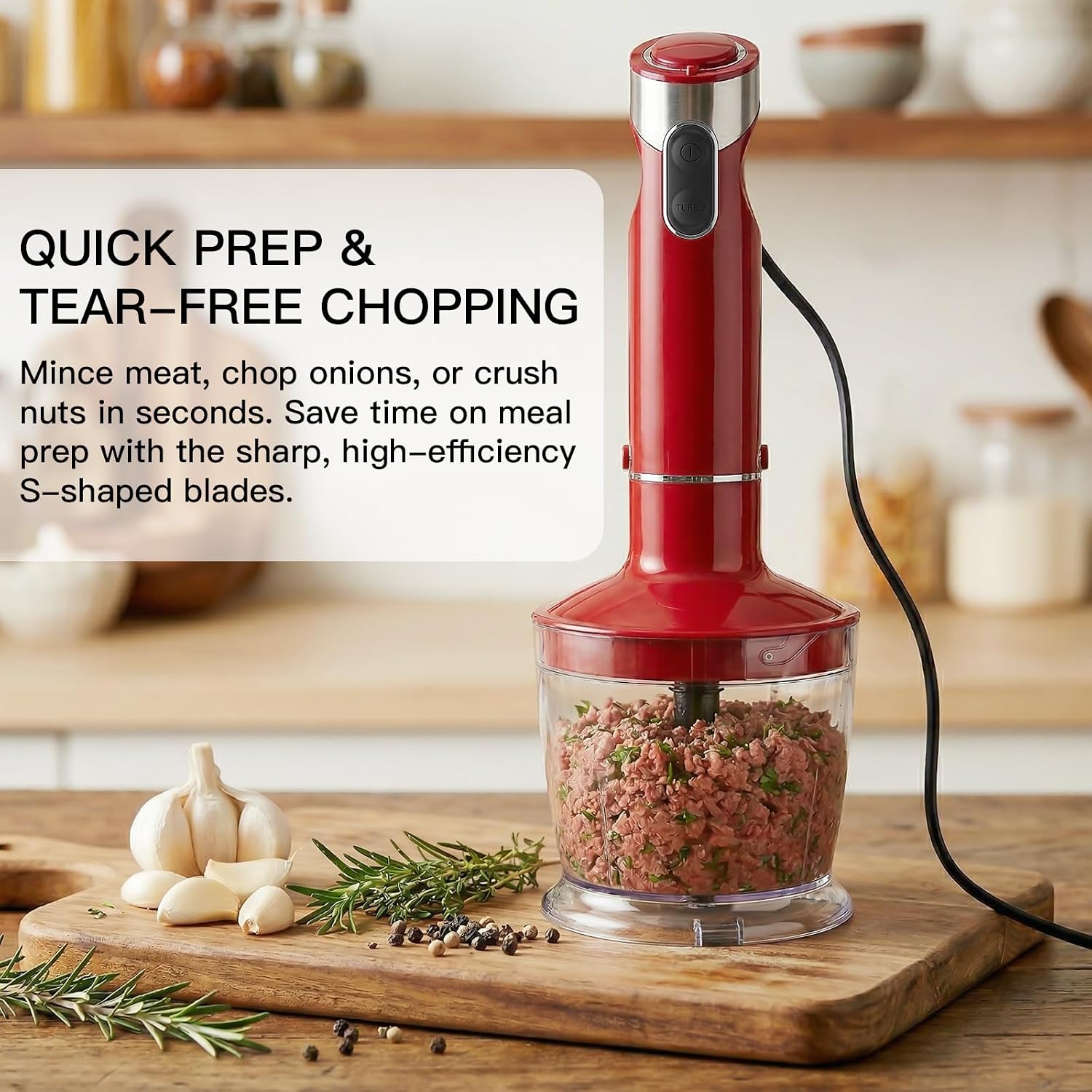 MEGAWISE Immersion Hand Blender, 800W 5-in-1 Stick Blender (Red)