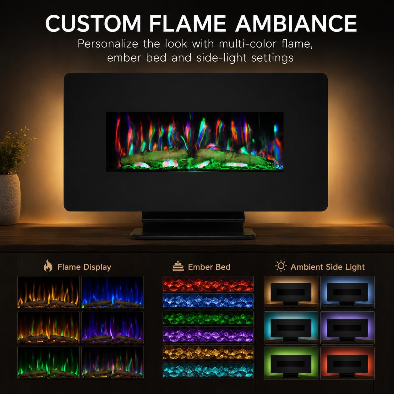 MEGAWISE 36-Inch Electric Fireplace Heater, Wall Mounted or Freestanding