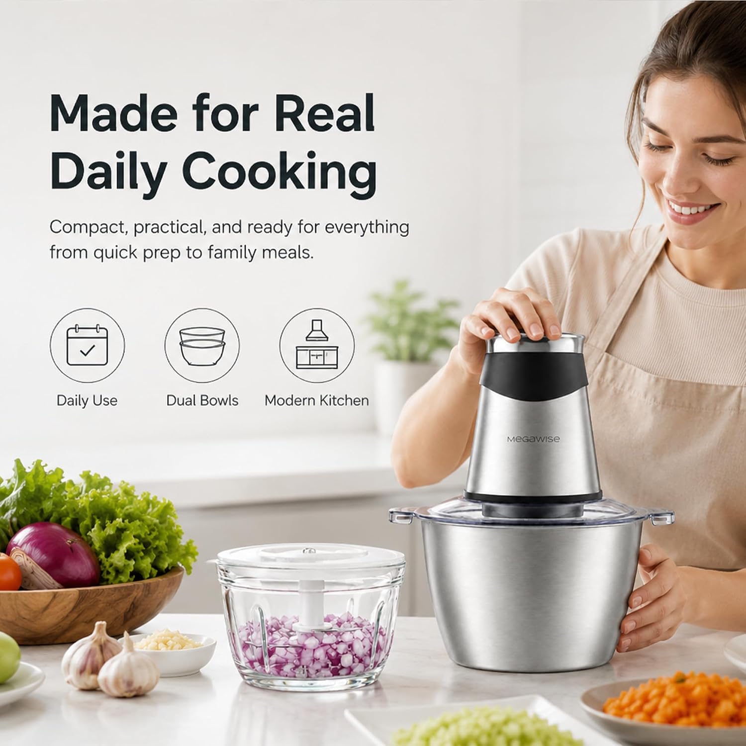 MEGAWISE Food Processor, 800W Electric Meat Grinder with 0.6L Glass Bowl & 1.2L Stainless Steel Bowl, Dual Speed Modes and Bi-Level BladesBlades for Meat, Vegetables, Nuts, Fruits, and Baby Food