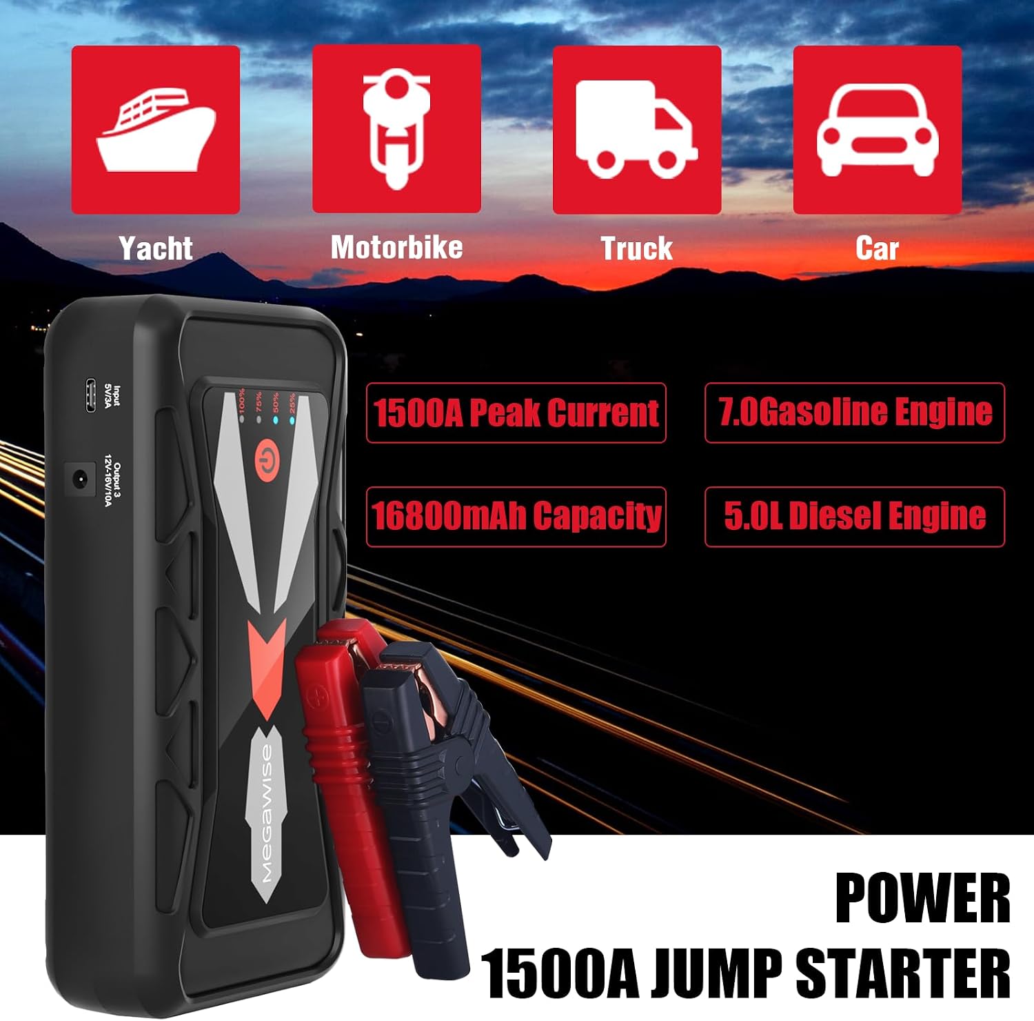 MEGAWISE 1500A 12V Car Jump Starter, 16800mAh, Up to 7L Gas/5L Diesel