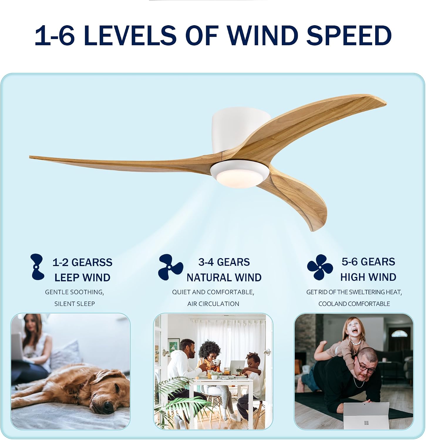 MEGAWISE 52 Inch Solid Wood Ceiling Fan with Lights, Remote Control, 6 Speeds,Noiseless,Reversible DC Motor (White)